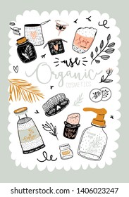 Zero waste life set. Glass jar and lunch box, eco bag, natural cosmetic, menstrual cup, thermo mug. Vector. Trendy hand drawn illustration in scandinavian style. 