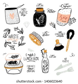 Zero waste life set. Glass jar and lunch box, eco bag, natural cosmetic, menstrual cup, thermo mug. Vector. Trendy hand drawn illustration in scandinavian style. 