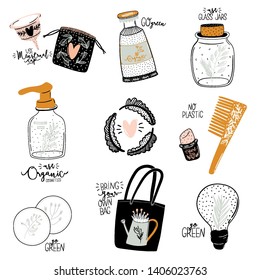 Zero waste life set. Glass jar and lunch box, eco bag, natural cosmetic, menstrual cup, thermo mug. Vector. Trendy hand drawn illustration in scandinavian style. 