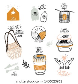 Zero waste life set. Glass jar and lunch box, eco bag, natural cosmetic, menstrual cup, thermo mug. Vector. Trendy hand drawn illustration in scandinavian style. 