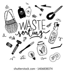 Zero waste life set. Glass jar and lunch box, eco bag, natural cosmetic, menstrual cup, thermo mug. Vector. Trendy hand drawn illustration in scandinavian style. 