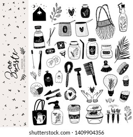 Zero waste life set. Glass jar and lunch box, eco bag, natural cosmetic, menstrual cup, thermo mug. Vector. Trendy hand drawn illustration in scandinavian style. 