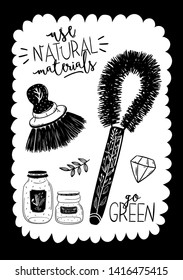 Zero waste life set. Glass jar, cutlery, eco grocery bag, toothbrush, natural cosmetic, menstrual cup, mug. Vector. Trendy hand drawn black and white illustration in scandinavian style. 