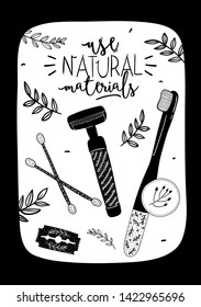 Zero waste life set. Glass jar and cutlery, eco grocery bag, toothbrush, natural cosmetic, menstrual cup, thermo mug. Vector. Trendy hand drawn black and white illustration in scandinavian style. 