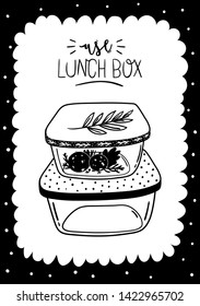 Zero waste life set. Glass jar and cutlery, eco grocery bag, toothbrush, natural cosmetic, menstrual cup, thermo mug. Vector. Trendy hand drawn black and white illustration in scandinavian style. 