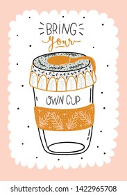 Zero waste life set. Glass jar and cutlery, eco grocery bag, toothbrush, natural cosmetic, menstrual cup, thermo mug. Vector. Trendy hand drawn black and white illustration in scandinavian style. 