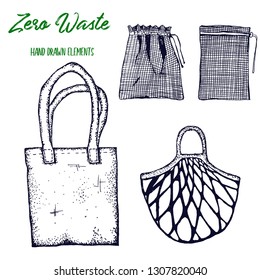 Zero Waste life stile.Hand drawn elements . Eco style. No plastic. Go green.Engraved stile.Cloth shopping bag, reusable produce bag, mesh market bag.