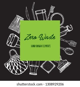 Zero Waste life stile.Hand drawn elements . Eco style. No plastic. Go green.Engraved stile.Cloth shopping bag, reusable produce bag.Bamboo toothbrush,shaving brush, glass jar,spoon, fork, knife,bottle