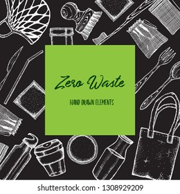 Zero Waste life stile.Hand drawn elements . Eco style. No plastic. Go green.Engraved stile.Cloth shopping bag, reusable produce bag.Bamboo toothbrush,shaving brush, glass jar,spoon, fork, knife,bottle