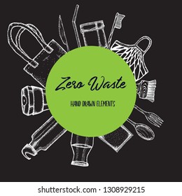 Zero Waste life stile.Hand drawn elements . Eco style. No plastic. Go green.Engraved stile.Cloth shopping bag, reusable produce bag.Bamboo toothbrush,shaving brush, glass jar,spoon, fork, knife,bottle