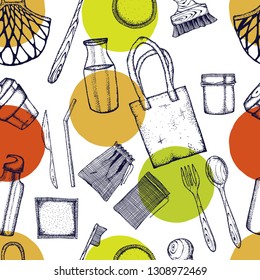 Zero Waste life stile.Hand drawn elements . Eco style. No plastic. Go green.Seamless pattern.Cloth shopping bag, reusable produce bag.Bamboo toothbrush,shaving brush,glass jar,spoon,fork, knife,bottle