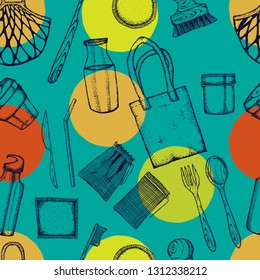 Zero Waste life stile.Hand drawn elements . Eco style. No plastic. Go green.Seamless pattern.Cloth shopping bag, reusable produce bag.Bamboo toothbrush,shaving brush,glass jar,spoon,fork, knife,bottle