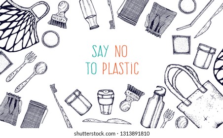 Zero Waste life stile.Hand drawn elements . Eco style. No plastic. Go green.Engraved stile.Cloth shopping bag, reusable produce bag.Bamboo toothbrush,shaving brush, glass jar,spoon, fork, knife,bottle