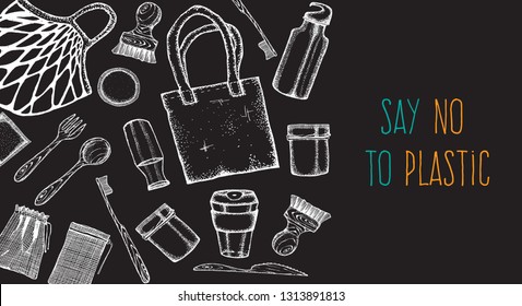 Zero Waste life stile.Hand drawn elements . Eco style. No plastic. Go green.Engraved stile.Cloth shopping bag, reusable produce bag.Bamboo toothbrush,shaving brush, glass jar,spoon, fork, knife,bottle