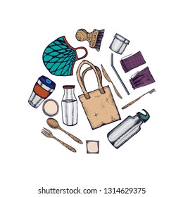 Zero Waste life stile.Hand drawn elements . Eco style. No plastic. Go green.Engraved stile.Cloth shopping bag, reusable produce bag.Bamboo toothbrush,shaving brush, glass jar,spoon, fork, knife,bottle