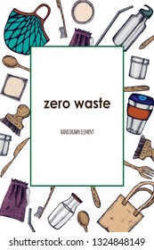Zero Waste life stile.Hand drawn elements . Eco style. No plastic. Go green.Engraved stile.Cloth shopping bag, reusable produce bag.Bamboo toothbrush,shaving brush, glass jar,spoon, fork, knife,bottle