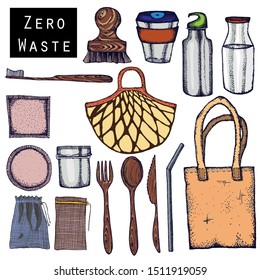 Zero Waste life stile.Hand drawn elements . Eco style. No plastic. Go green.Engraved stile.Cloth shopping bag, reusable produce bag.Bamboo toothbrush,shaving brush, glass jar,spoon, fork, knife,bottle