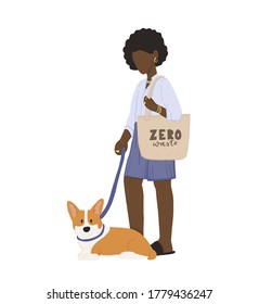 Zero waste life style. Cartoon woman with corgi, with natural eco products in linen bag and a string bag, shopping with zero pollution, concept healthy lifestyle isolated on white background