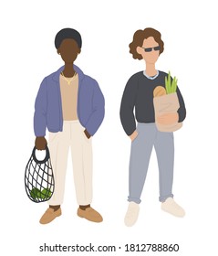 Zero waste life style. Cartoon people with natural eco products in linen bag and a string bag, shopping with zero pollution, concept healthy lifestyle isolated on white background
