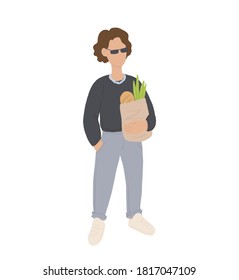 Zero waste life style. Cartoon people with natural eco products in linen bag and a string bag, shopping with zero pollution, concept healthy lifestyle isolated on white background
