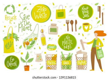 Zero waste life style vector set. Good for infographic poster or motivational card. 