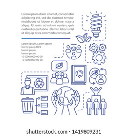 Zero waste lifestyle article page vector template. Brochure, magazine, booklet design element with linear icons and text boxes. Waste management. Print design. Concept illustrations with text space