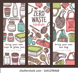 Zero waste lifestyle background, set of vertical banners. Ecological, recycle and reused concept with eco cloth mesh bags, glass jars, bottle, container for grocery and products. Linear sketch drawing