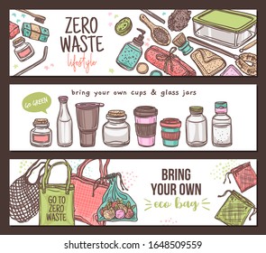 Zero waste lifestyle background, set of horizontal banners. Ecological, recycle and reused concept with eco cloth mesh bags, glass jars, bottle, container for grocery and products. Linear sketch drawi