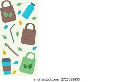 Fondo de estilo de vida sin desperdicio con espacio de copia de borde lateral. Plantilla ecológica con bolsa de tela, cepillo de dientes de bambú y tarro de vidrio. Diseño de Vector plano para un Anuncio de vida sostenible.