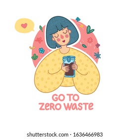 Zero waste lifestyle banner. Eco friendly concept with cute girl character. Woman with reusable glass jar for shopping. Less plastic. Cartoon doodle style illustration with ecology idea. Vector