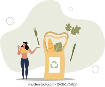 Zero waste lifestyle. Character buying and using eco friendly, no plastic, reusable and recycle items.flat vector illustration.