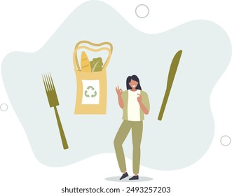 Zero waste lifestyle. Character buying and using eco friendly, no plastic, reusable and recycle items.flat design.illustration with people.