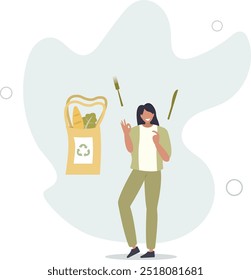 Zero waste lifestyle. Character buying and using eco friendly, no plastic, reusable and recycle items.flat design with people.
