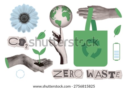 Zero waste lifestyle collage elements set. Retro halftone objects with green eco bag, co2 emissions, recycling sign, plant and earth. Sustainable environment vector pack for eco banner.