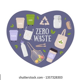 Zero waste lifestyle concept collection. Colorful set of eco and waste elements and people isolated on white background. Vector illustration.