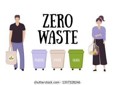 Zero waste lifestyle concept. Colorful banner with people and garbage bins isolated on white background. Vector illustration with eco slogan.