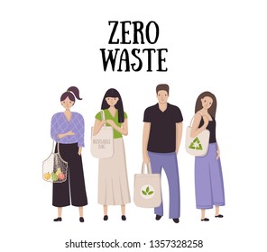 Zero waste lifestyle concept. Colorful banner with people and reusable elements isolated on white background. Vector illustration with eco slogan.