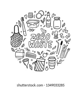 Zero waste lifestyle concept. Hand-drawn elements in eco-style. Doodle Vector illustration. Good for logo, posters, banners, web design, books, flyer or cards.