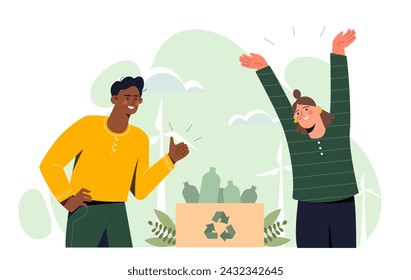 Zero waste lifestyle concept. Man and woman near cardboard box with recycling and reuse symbol. Activists and volunteers. Care about nature and ecology. Cartoon flat vector illustration