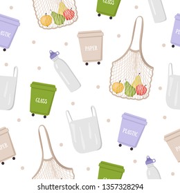 Zero waste lifestyle concept. Seamless pattern with eco and waste elements isolated on white background. Vector illustration.