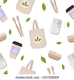Zero waste lifestyle concept. Seamless pattern with eco and waste elements isolated on white background. Vector illustration.