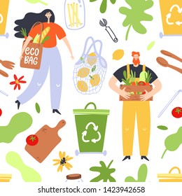 Zero waste lifestyle concept. Seamless pattern with people and zero waste elements. Vector illustration.