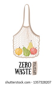 Zero waste lifestyle concept. String bag with eco slogan isolated on white background. Vector illustration.