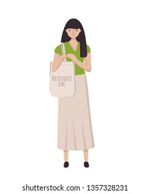 Zero waste lifestyle concept. Vector illustration of woman with reusable bag.