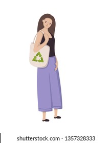 Zero waste lifestyle concept. Vector illustration of woman with eco bag.