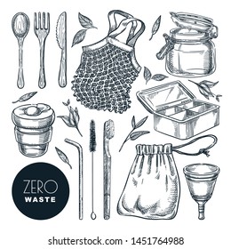 Zero waste lifestyle concept, vector sketch illustration. Hand drawn natural reusable items and accessories. Eco friendly goods icons and design elements set isolated on white background.