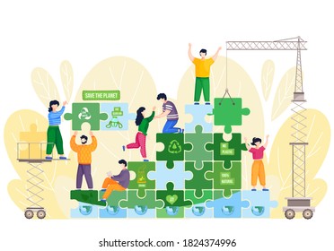 Zero waste lifestyle concept. Vector illustration with people and eco style elements in the form of puzzles. Use glass jar, no plastic. Save the planet. Care for the environment, reusable packaging