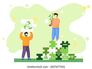Zero waste lifestyle concept. Vector illustration with people and zero waste elements in the form of puzzles. Use glass jar, no plastic. Save the planet. Care for the environment, reusable packaging