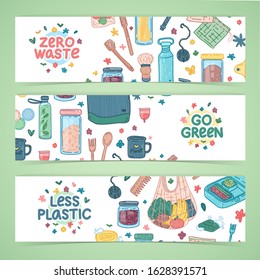Zero waste lifestyle design. Eco friendly banner concept with recyclable and reusable products. 