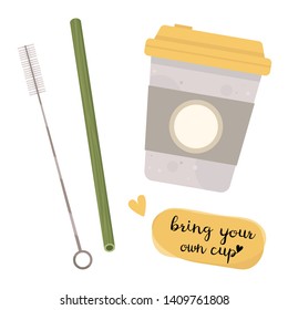 Zero waste lifestyle elements - cup, bamboo straw, brush. Vector cute illustration. Reusable and recyclable eco items. Plastic free. Go green. 